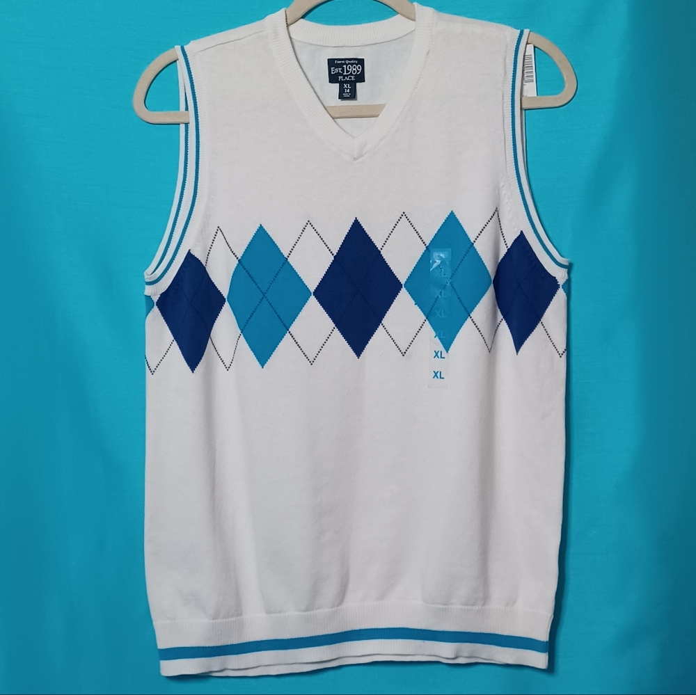 Est 1989 Place Boys White and Blue Sweater Vest. Size XL (14)